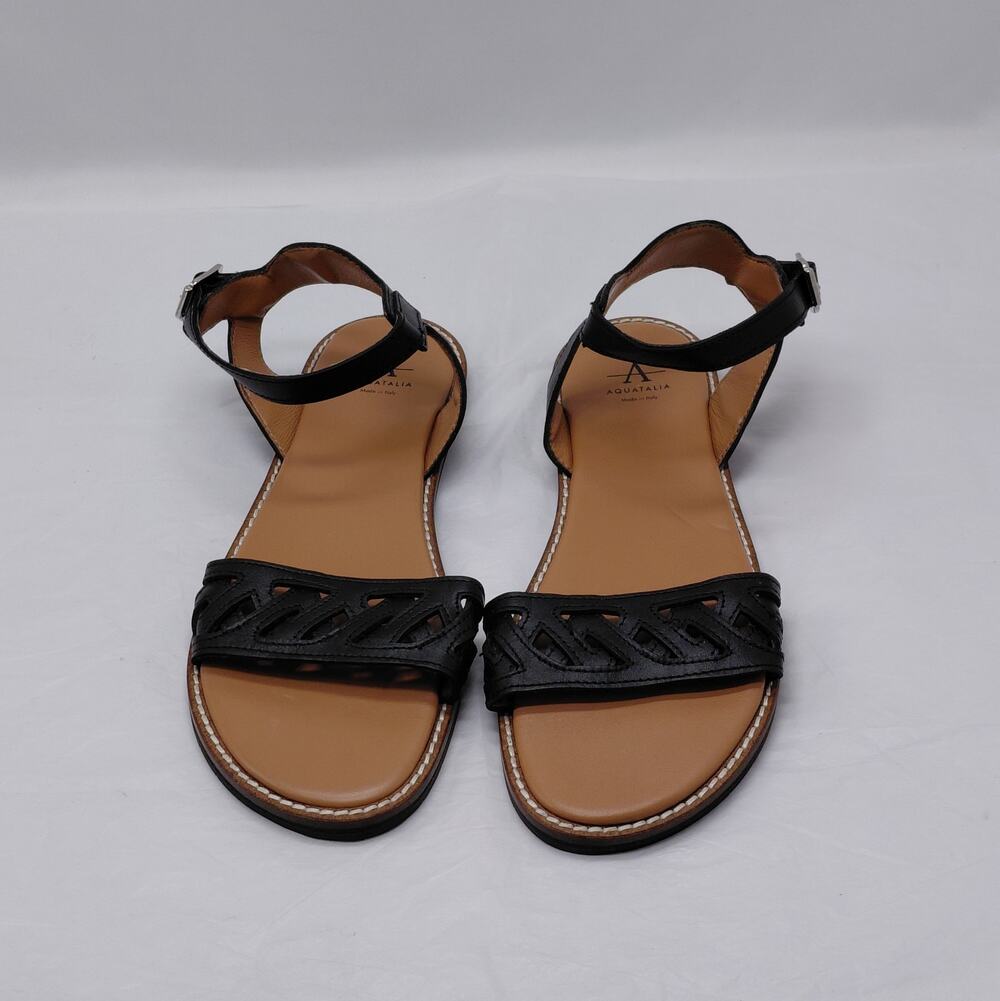 Aquatalia Womens Flat Sandals Size 7.5 Black Leather Italian Comfort Vacation
